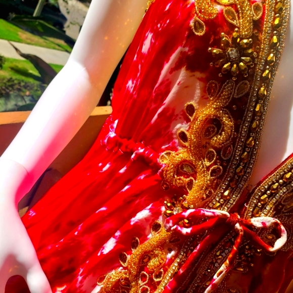 *LAST ONE***MANISH VAID Fushia/Brown Tie Dye Cry.Emb. Hi-Lo Dress OS NWT - Picture 3 of 7